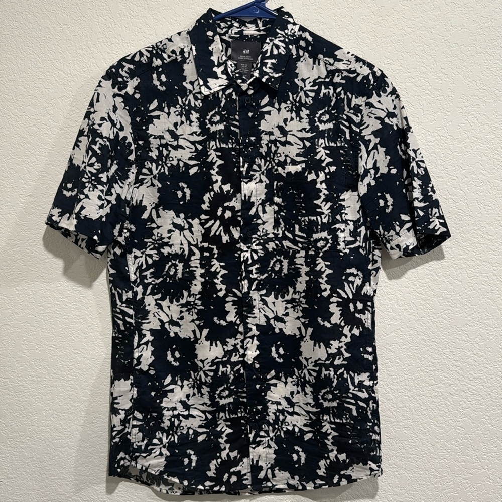 H&M Regular Fit Standard Short Sleeve Blue Men's Shirt XS Cotton 100%